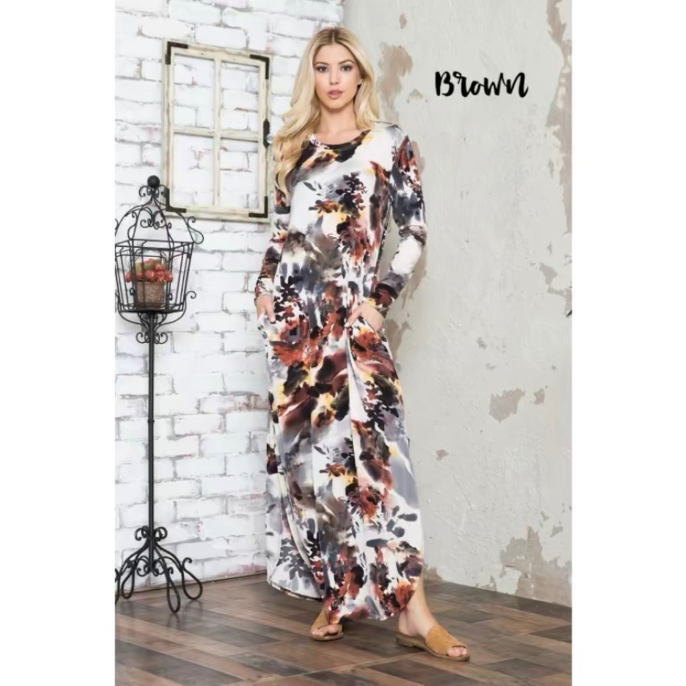 Floral Side Slit Maxi Dress in Brown